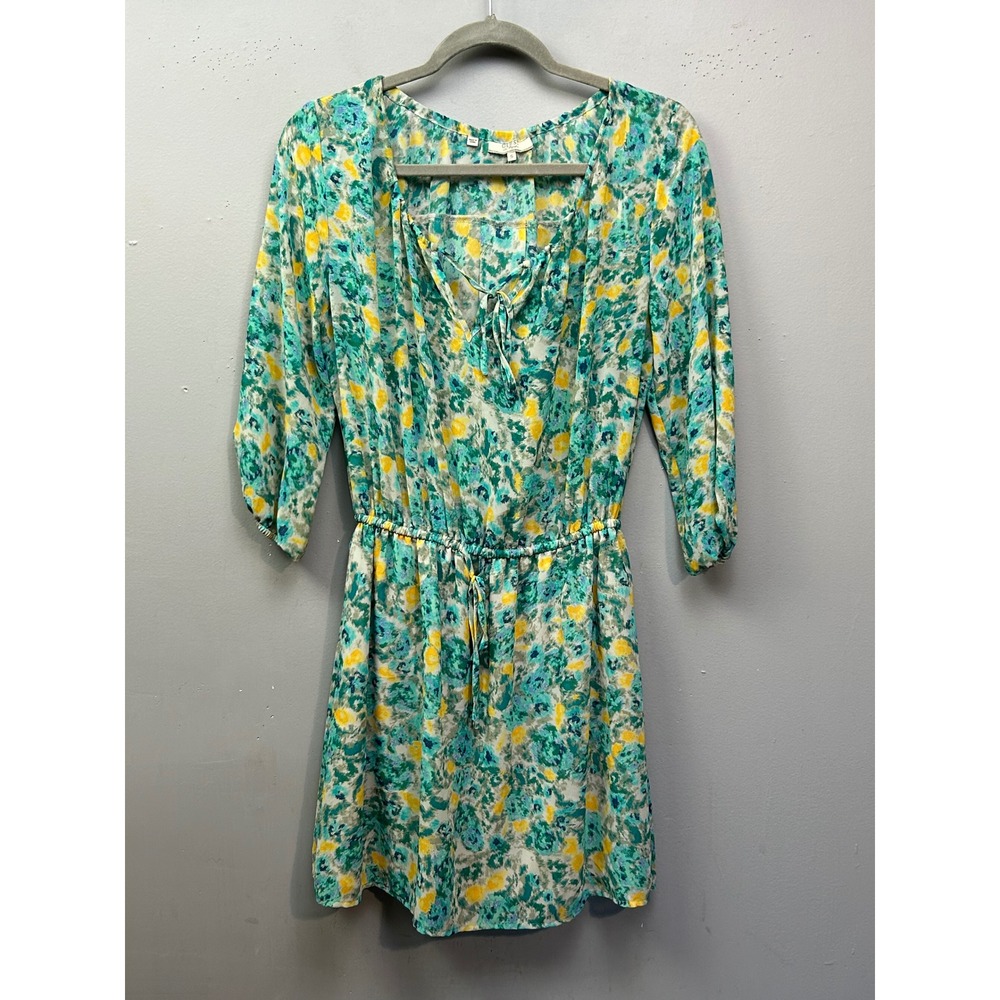 GUESS Los Angeles Green Yellow Floral Tie Neck Mini Dress Womens Small Cottage